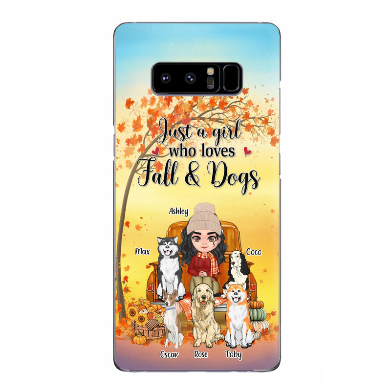 Personalized Dog Mom Fall Season Phone Case - Autumn Gift Idea For Dog Owners - Up to 5 Dogs - Case For iPhone/Samsung - Just A Girl Who Loves Fall & Dogs