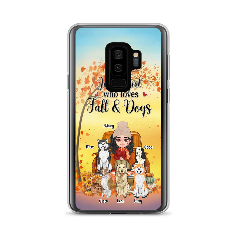 Personalized Dog Mom Fall Season Phone Case - Autumn Gift Idea For Dog Owners - Up to 5 Dogs - Case For iPhone/Samsung - Just A Girl Who Loves Fall & Dogs