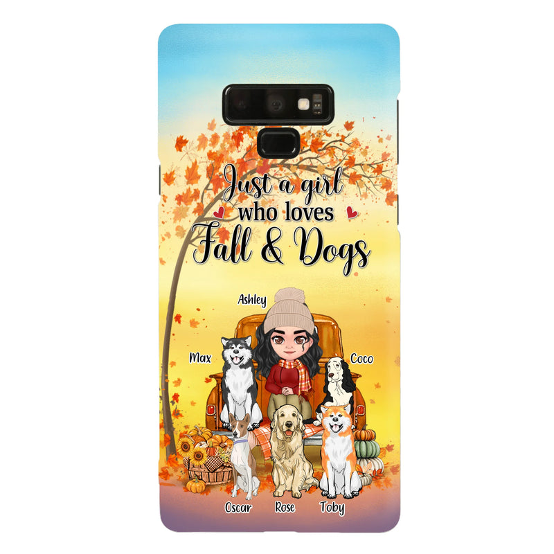 Personalized Dog Mom Fall Season Phone Case - Autumn Gift Idea For Dog Owners - Up to 5 Dogs - Case For iPhone/Samsung - Just A Girl Who Loves Fall & Dogs