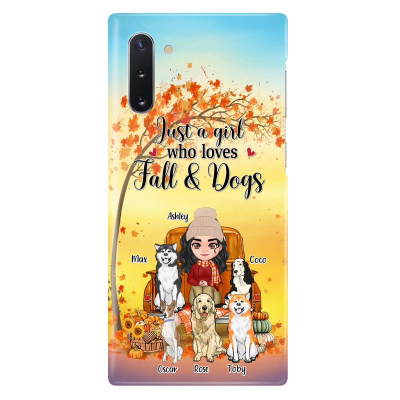 Personalized Dog Mom Fall Season Phone Case - Autumn Gift Idea For Dog Owners - Up to 5 Dogs - Case For iPhone/Samsung - Just A Girl Who Loves Fall & Dogs