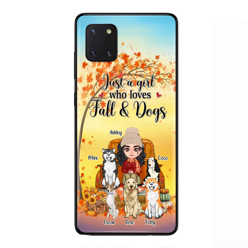 Personalized Dog Mom Fall Season Phone Case - Autumn Gift Idea For Dog Owners - Up to 5 Dogs - Case For iPhone/Samsung - Just A Girl Who Loves Fall & Dogs