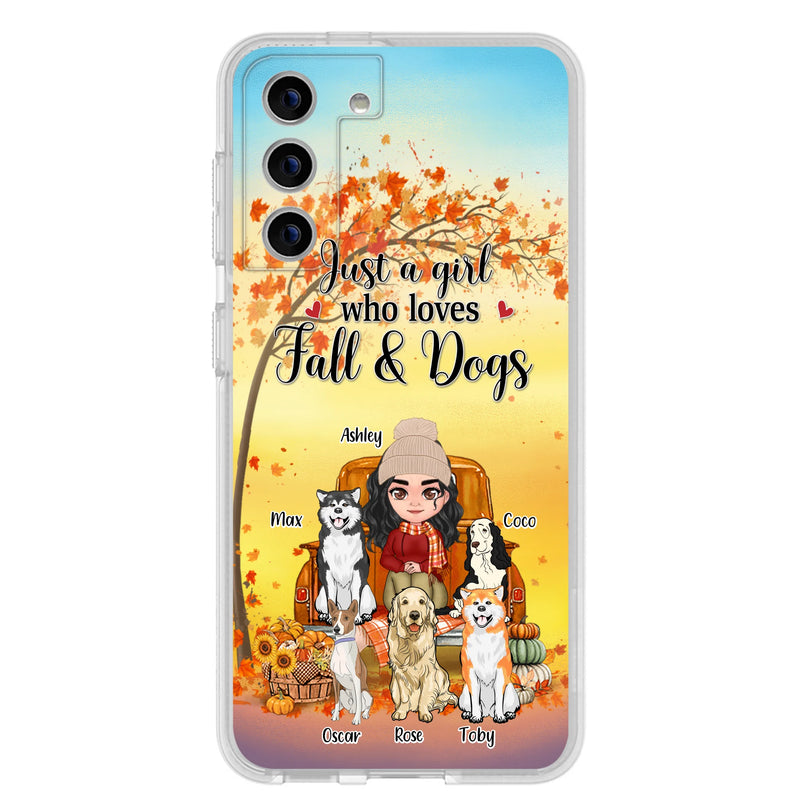 Personalized Dog Mom Fall Season Phone Case - Autumn Gift Idea For Dog Owners - Up to 5 Dogs - Case For iPhone/Samsung - Just A Girl Who Loves Fall & Dogs