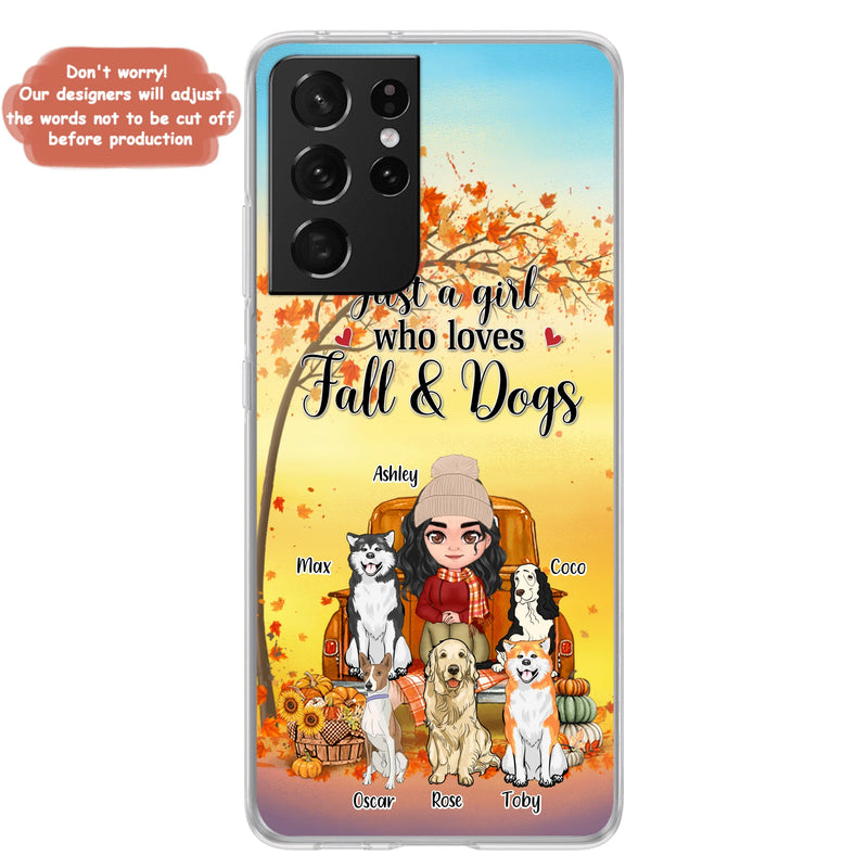 Personalized Dog Mom Fall Season Phone Case - Autumn Gift Idea For Dog Owners - Up to 5 Dogs - Case For iPhone/Samsung - Just A Girl Who Loves Fall & Dogs