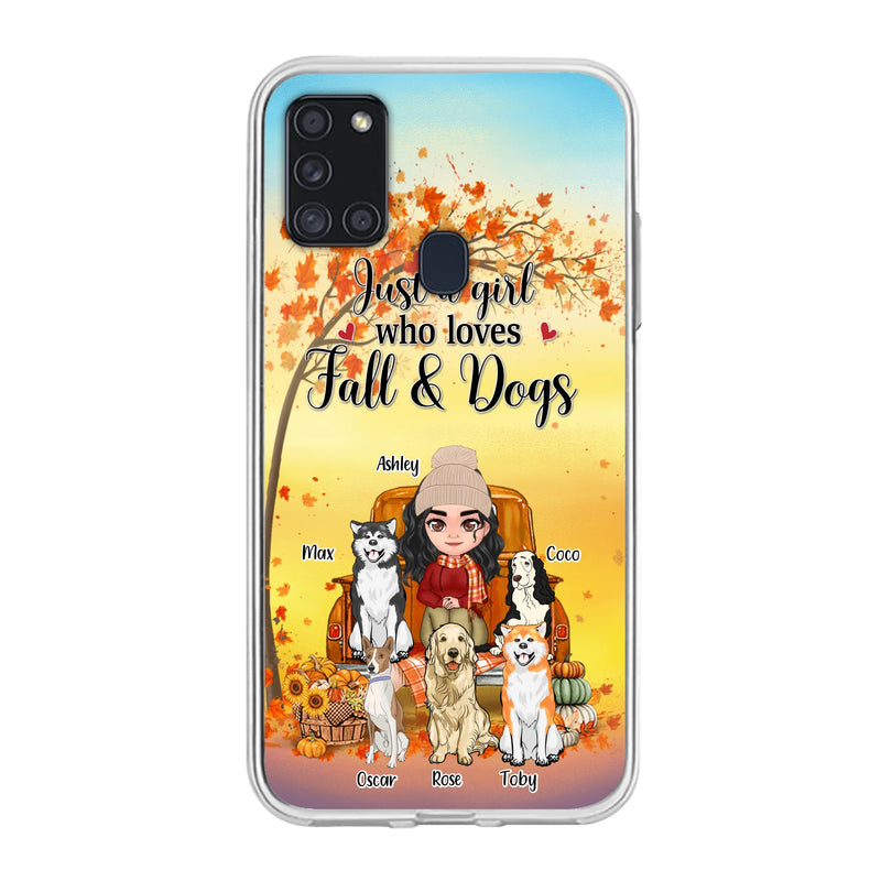 Personalized Dog Mom Fall Season Phone Case - Autumn Gift Idea For Dog Owners - Up to 5 Dogs - Case For iPhone/Samsung - Just A Girl Who Loves Fall & Dogs