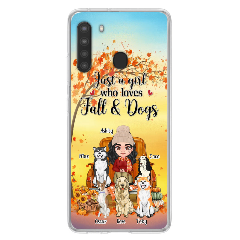 Personalized Dog Mom Fall Season Phone Case - Autumn Gift Idea For Dog Owners - Up to 5 Dogs - Case For iPhone/Samsung - Just A Girl Who Loves Fall & Dogs