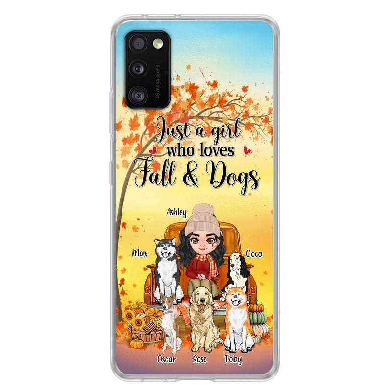 Personalized Dog Mom Fall Season Phone Case - Autumn Gift Idea For Dog Owners - Up to 5 Dogs - Case For iPhone/Samsung - Just A Girl Who Loves Fall & Dogs
