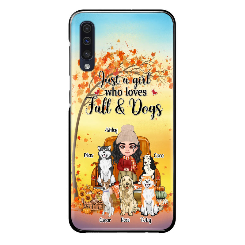 Personalized Dog Mom Fall Season Phone Case - Autumn Gift Idea For Dog Owners - Up to 5 Dogs - Case For iPhone/Samsung - Just A Girl Who Loves Fall & Dogs