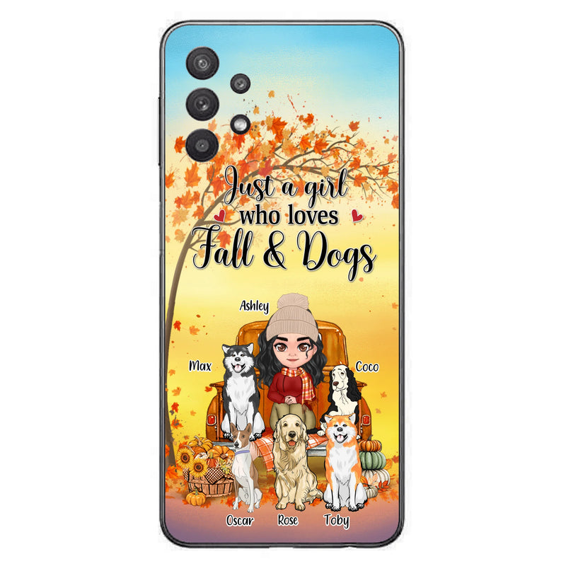 Personalized Dog Mom Fall Season Phone Case - Autumn Gift Idea For Dog Owners - Up to 5 Dogs - Case For iPhone/Samsung - Just A Girl Who Loves Fall & Dogs