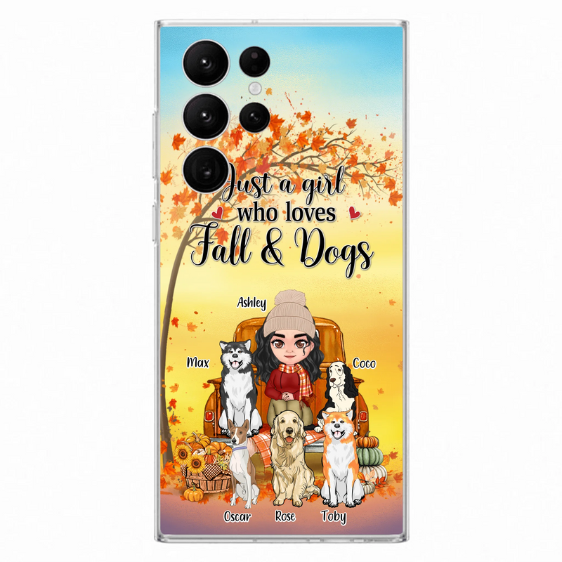 Personalized Dog Mom Fall Season Phone Case - Autumn Gift Idea For Dog Owners - Up to 5 Dogs - Case For iPhone/Samsung - Just A Girl Who Loves Fall & Dogs