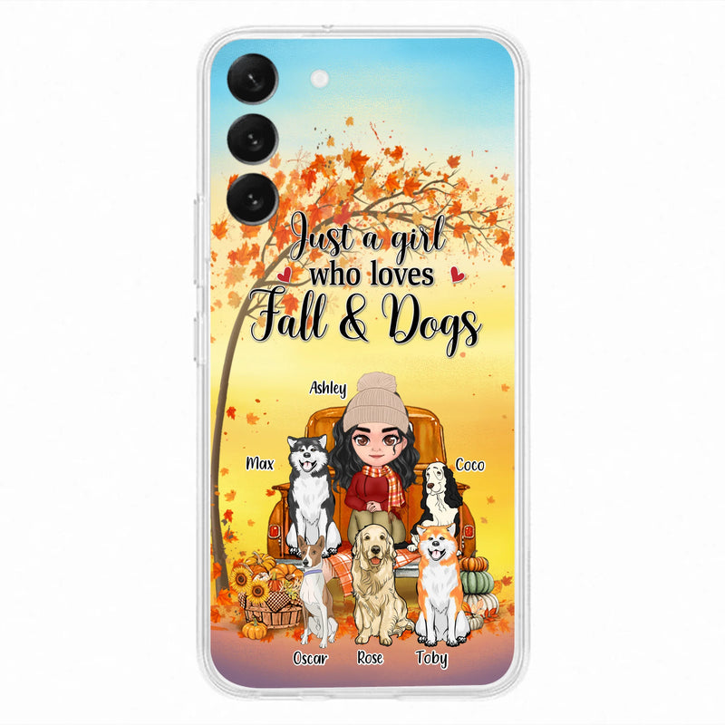 Personalized Dog Mom Fall Season Phone Case - Autumn Gift Idea For Dog Owners - Up to 5 Dogs - Case For iPhone/Samsung - Just A Girl Who Loves Fall & Dogs