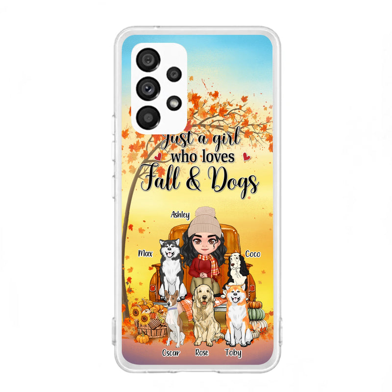 Personalized Dog Mom Fall Season Phone Case - Autumn Gift Idea For Dog Owners - Up to 5 Dogs - Case For iPhone/Samsung - Just A Girl Who Loves Fall & Dogs