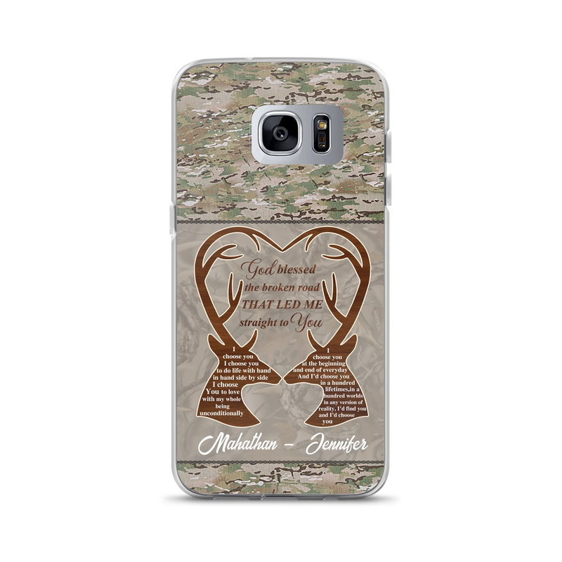 Custom Personalized Deer Hunting Heart Phone Case - Gift Idea For Couple - God Blessed The Broken Road That Led Me Straight To You - Case For iPhone And Samsung