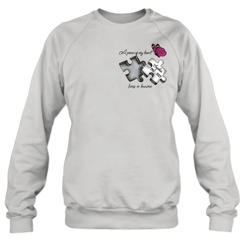 Personalized Memorial Butterfly Shirt/Hoodie - Memorial Gift Idea - A Piece Of My Heart Lives In Heaven