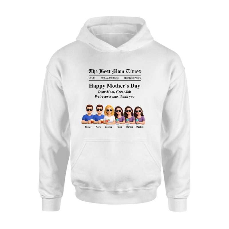 Personalized Mother’s Day Newspaper Shirt/ Hoodie – The Best Mom Times Family – Custom Mom with up to 5 Kids – Funny Thank You Mom Gift for Mother’s Day, Birthday & Family Anniversary