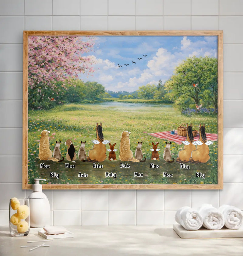 Personalized Spring Pet Poster – Custom Up to 12 Pets with Names – Peaceful Spring Meadow Scene – Pet Memorial & Family Pets Decor