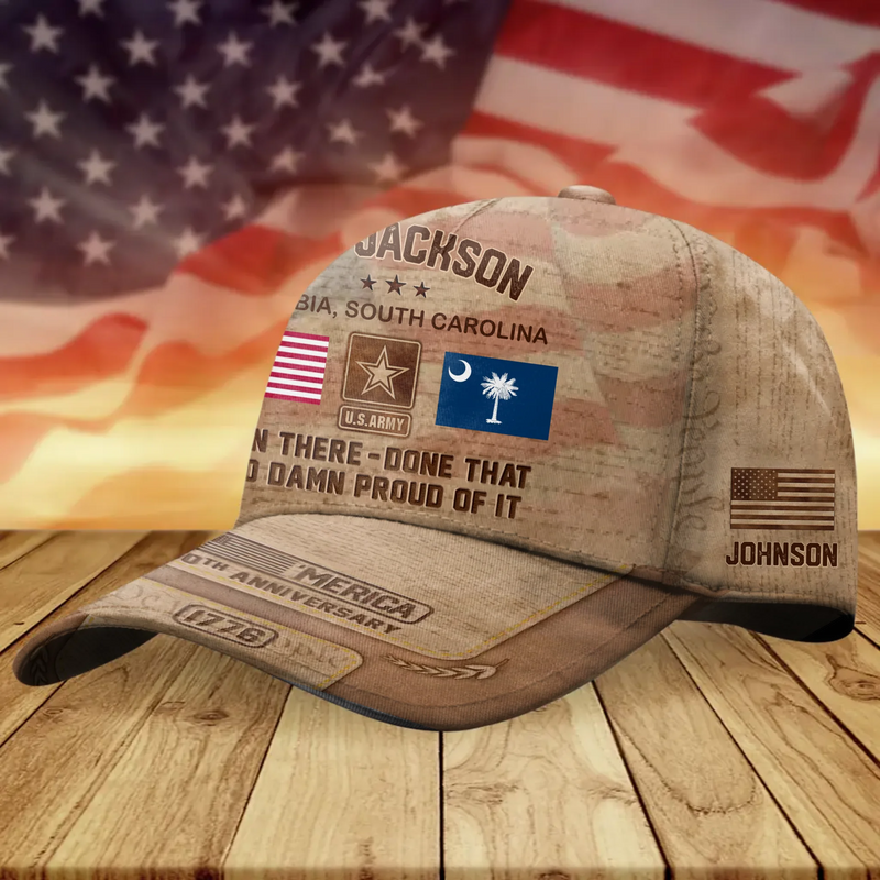 Personalized U.S. Army Veteran Baseball Cap – Fort Jackson, Columbia, South Carolina, Custom Name Cap – Proudly Served America 250th Anniversary 1776 – 2026 Gift