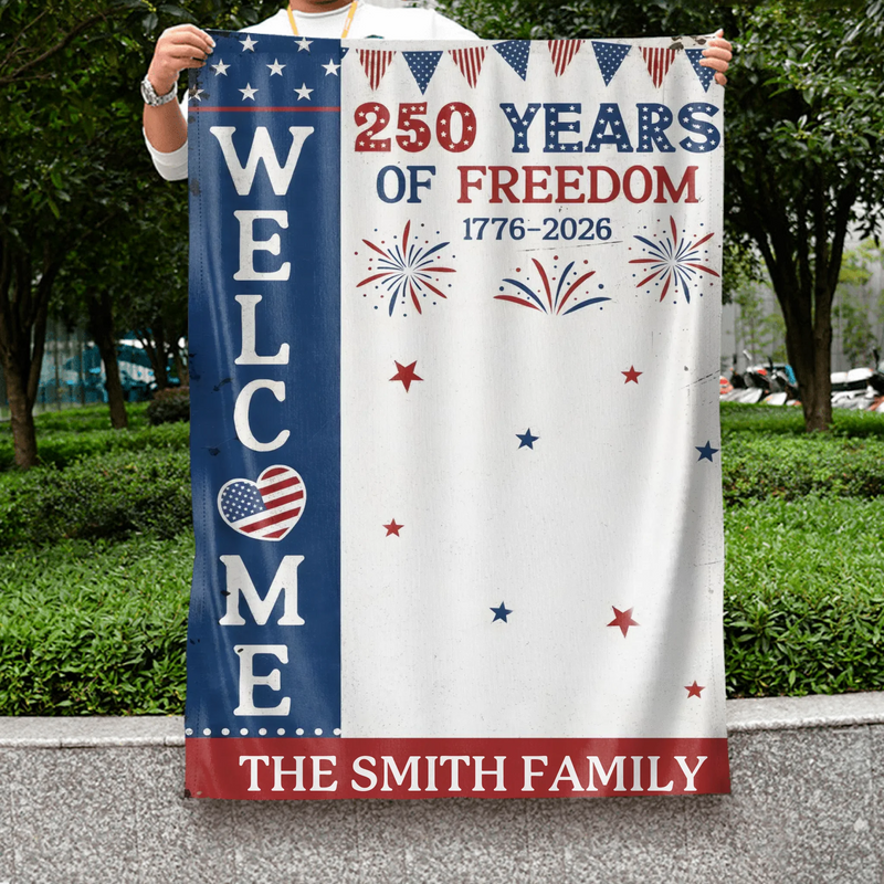 Personalized Welcome Garden Flag - 250 Years Of Freedom - Upload Family Photos with up to 9 Members - Custom Family Name