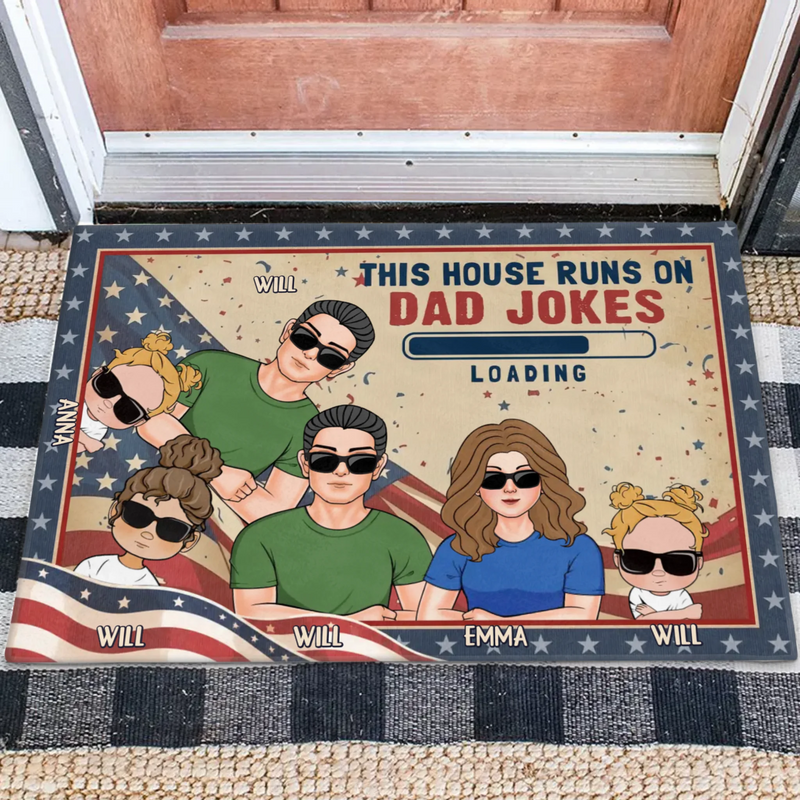 Custom Personalized Family Doormat - Gift Idea For Father's Day - Up to 6 Members - This House Runs On Dad Jokes