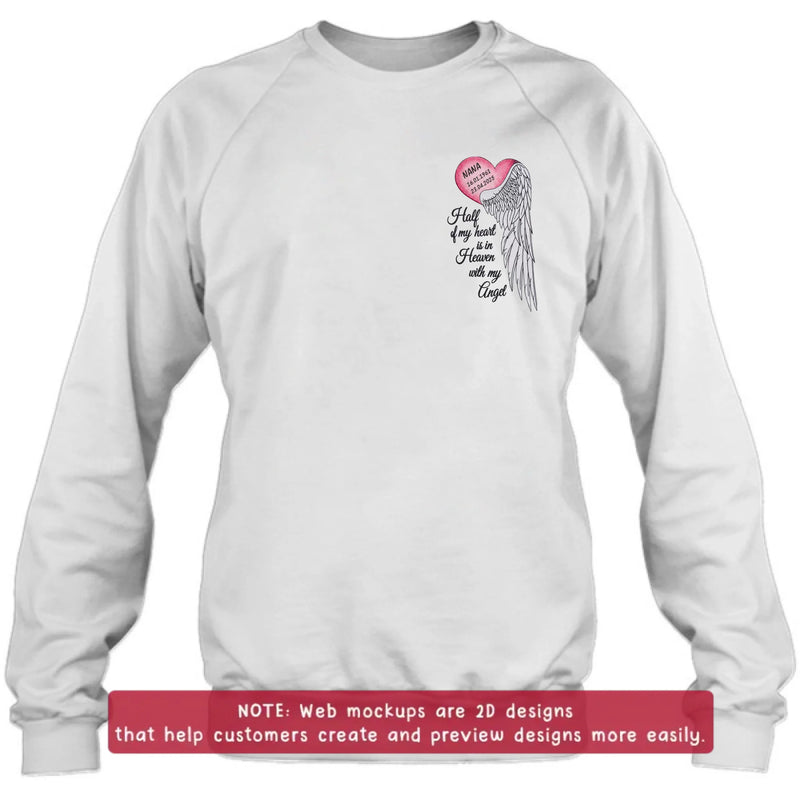 Personalized Memorial Embroidered Shirt/ Hoodie - Half of My Heart Is in Heaven With My Angel - Custom Name & Memorial Dates Sympathy Gift
