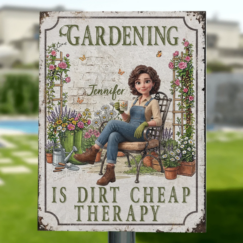 Personalized Garden Metal Sign - Custom Photo - Cartoon-style Gardener Illustration - Gift Idea For Grandma/ Mom - Gardening Is Dirt Cheap Therapy