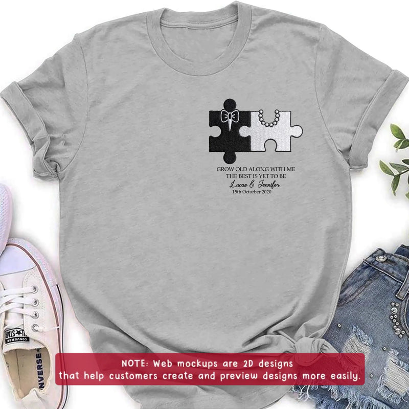 Personalized Couple Puzzle Embroidered Shirt/ Hoodie - Wedding Anniversary Gift for Husband Wife - Grow Old Along With Me
