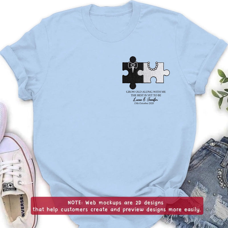 Personalized Couple Puzzle Embroidered Shirt/ Hoodie - Wedding Anniversary Gift for Husband Wife - Grow Old Along With Me
