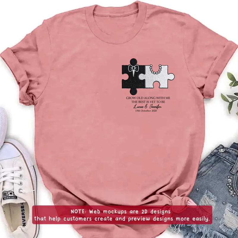 Personalized Couple Puzzle Embroidered Shirt/ Hoodie - Wedding Anniversary Gift for Husband Wife - Grow Old Along With Me