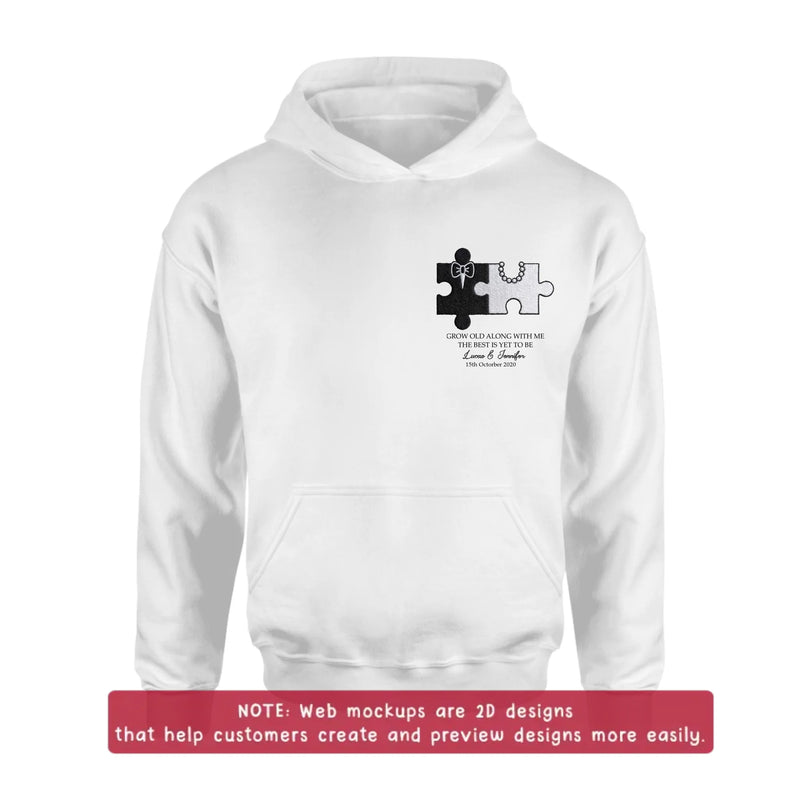 Personalized Couple Puzzle Embroidered Shirt/ Hoodie - Wedding Anniversary Gift for Husband Wife - Grow Old Along With Me