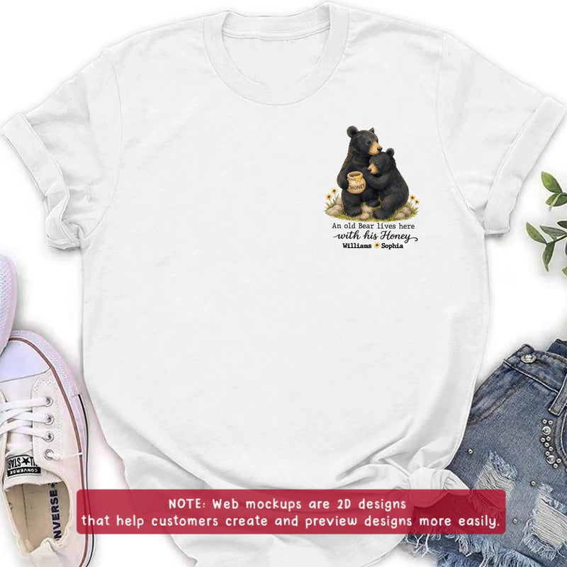 Personalized Couple Bear Embroidered Shirt/ Hoodie - Anniversary Gift for Husband Wife - An Old Bear Lives Here With His Honey