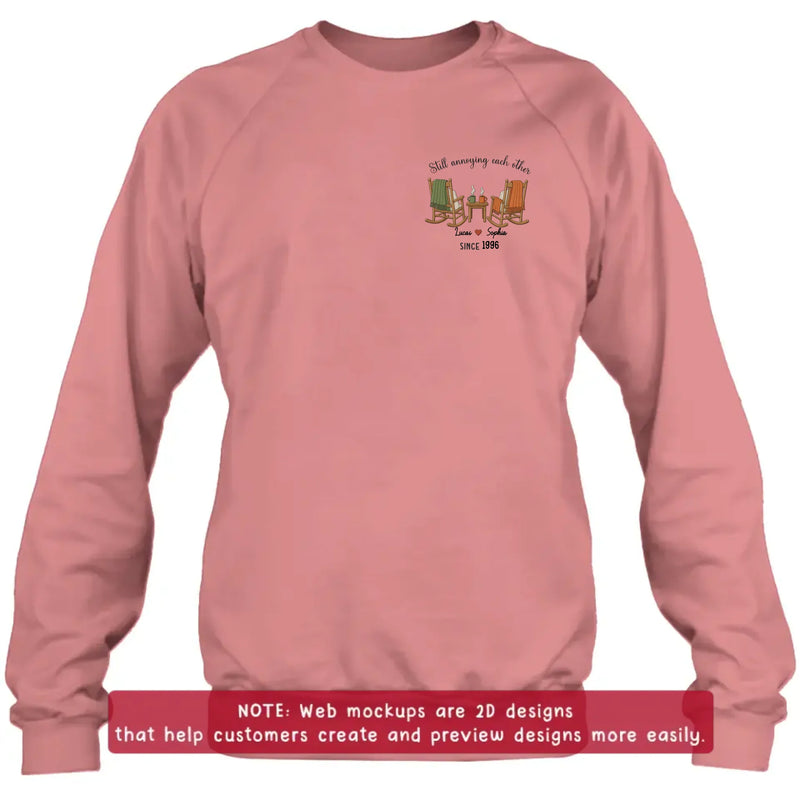 Personalized Old Couple Rocking Chair Embroidered Shirt/ Hoodie - Wedding Anniversary Gift for Husband & Wife - Still Annoying Each Other