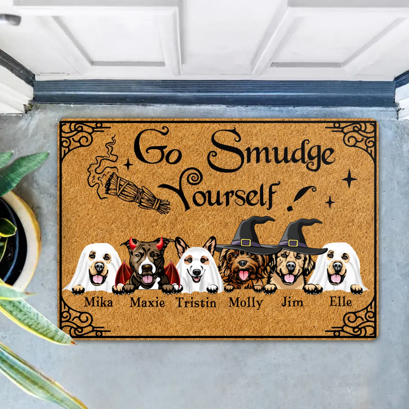 Personalized Dog Doormat - Halloween Welcome Sign - Gift Idea For Dog Lover With Up to 6 Dogs - Go Smudge Yourself