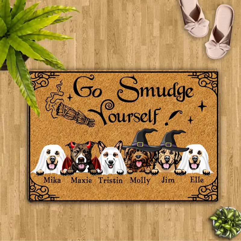 Personalized Dog Doormat - Halloween Welcome Sign - Gift Idea For Dog Lover With Up to 6 Dogs - Go Smudge Yourself