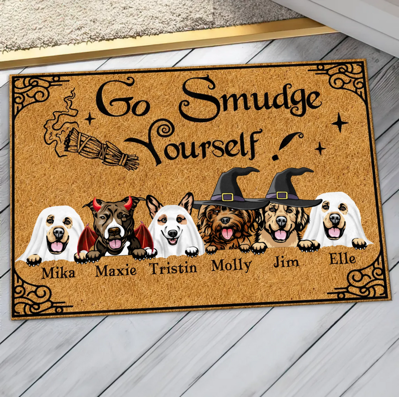 Personalized Dog Doormat - Halloween Welcome Sign - Gift Idea For Dog Lover With Up to 6 Dogs - Go Smudge Yourself