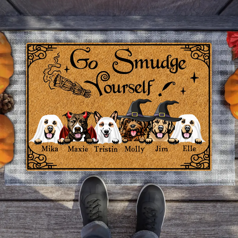 Personalized Dog Doormat - Halloween Welcome Sign - Gift Idea For Dog Lover With Up to 6 Dogs - Go Smudge Yourself