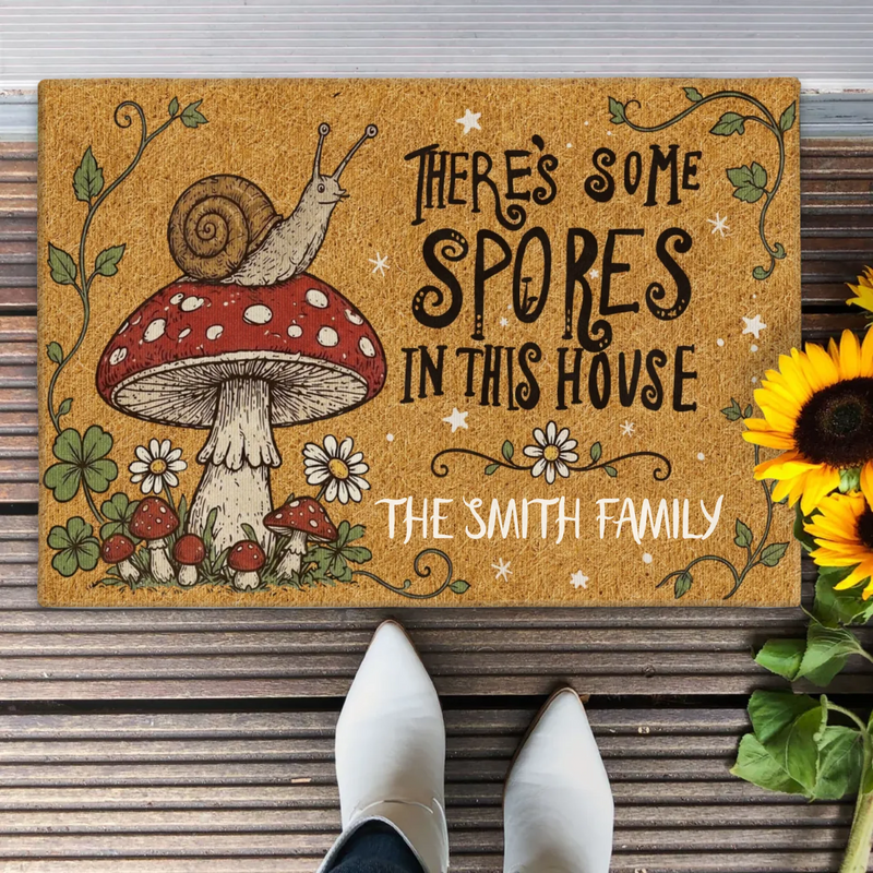 Personalized Mushroom Doormat - Custom Family Welcome Mat - There's Some Spores In This House Doormat - Cottagecore Front Door Mat/ Housewarming Gift