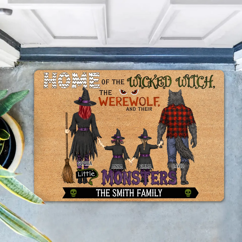 Personalized Halloween Family Doormat - Spooky Front Door Mat - Home Of The Wicked Witch, The Werewolf And Their Little Monsters