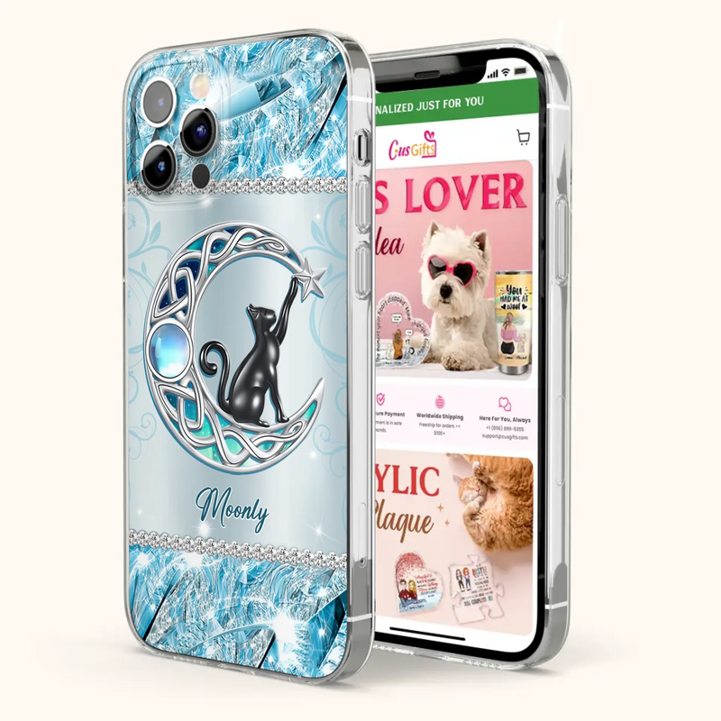 Custom Personalized Black Cat Moonstone Phone Case - Gift Idea For Cat Lover - Case For iPhone/ Samsung