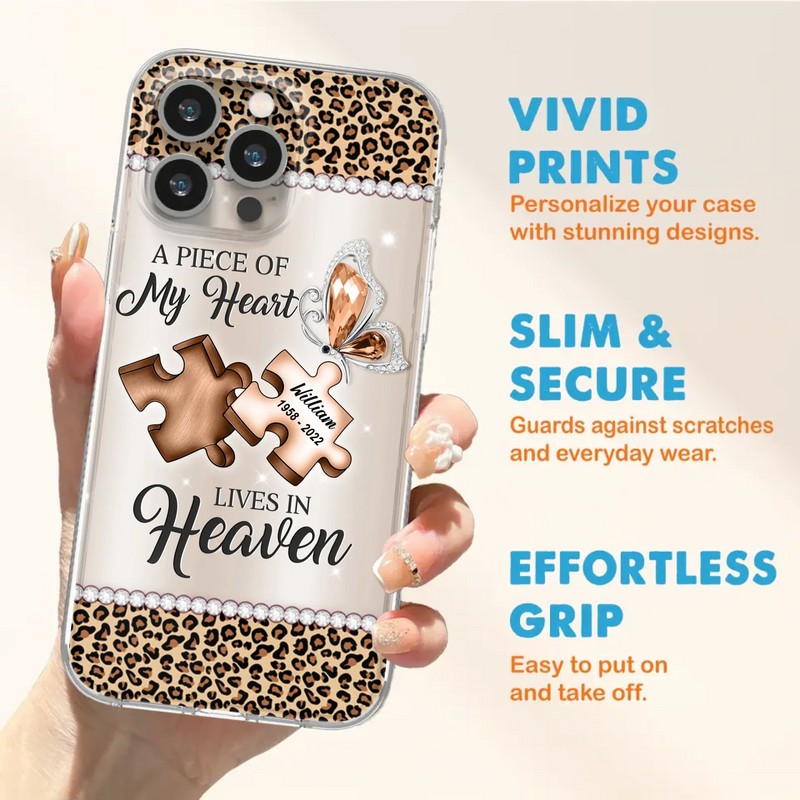 Custom Personalized Memorial Leopard Phone Case - Memorial Gift Idea for Family Member/ Father's Day/ Mother's Day - Case for iPhone/ Samsung - A Piece Of My Heart Lives In Heaven