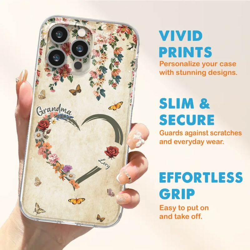 Custom Personalized Floral Heart Grandma Mom Vintage Birth Month Flower Phone Case - Up to 10 Kids - Mother's Day Gift Idea for Mom/Grandma - Case For iPhone/ Samsung