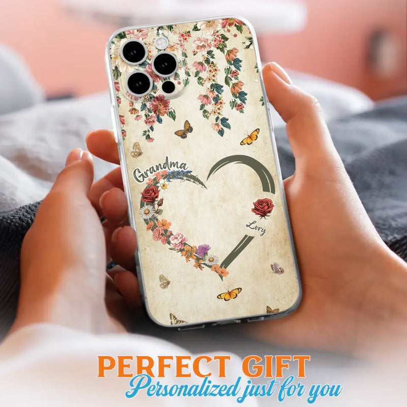 Custom Personalized Floral Heart Grandma Mom Vintage Birth Month Flower Phone Case - Up to 10 Kids - Mother's Day Gift Idea for Mom/Grandma - Case For iPhone/ Samsung