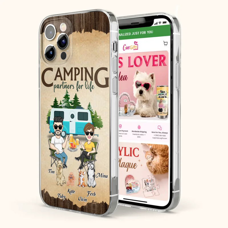 Custom Personalized Couple With Dogs Camping iPhone/ Samsung Case - Couple With Up to 4 Dogs - Gift For Couple/ Camping/ Dog Lover - Camping Partners For Life