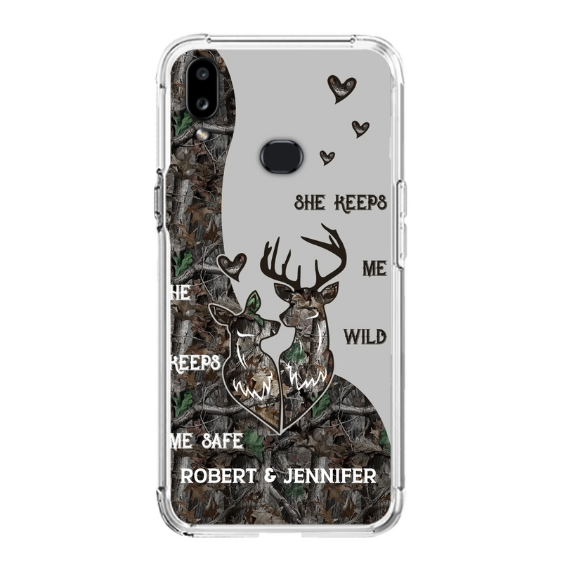 Custom Personalized Deer Couple Phone Case - Gift Idea For Couple - He Keeps Me Safe She Keeps Me Wild - Case For iPhone/Samsung