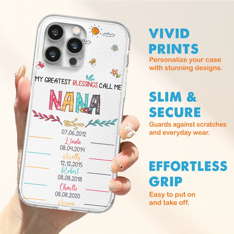 Personalized Grandma Phone Case - Gift Idea For Grandma - Upto 5 Grandkids - My Greatest Blessings Call Me Nana - Case For iPhone/Samsung