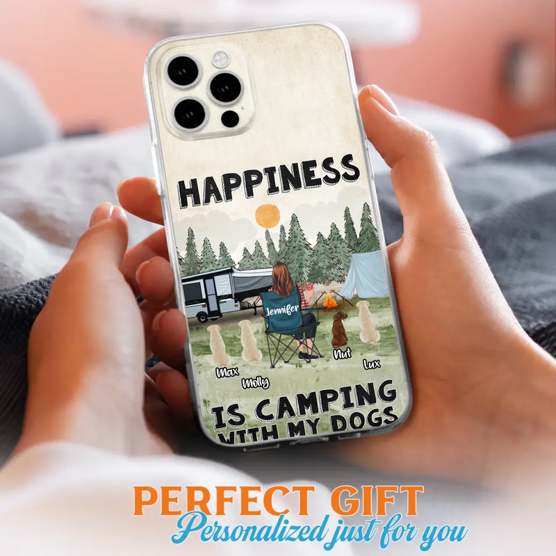 Personalized Camping Phone Case - Gift Idea For Girl & Dogs - Upto 4 Dogs - Happiness Is Camping With My Dogs - Case For iPhone/Samsung
