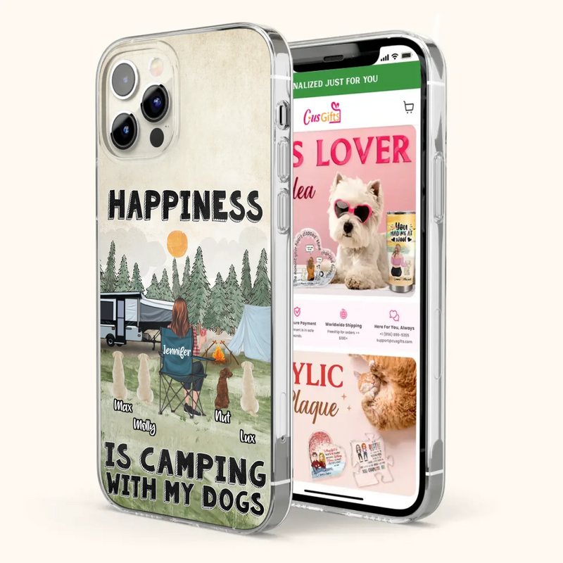 Personalized Camping Phone Case - Gift Idea For Girl & Dogs - Upto 4 Dogs - Happiness Is Camping With My Dogs - Case For iPhone/Samsung