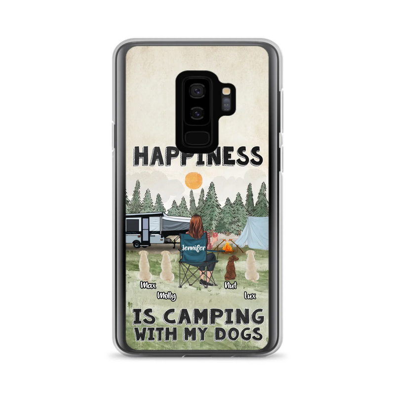 Personalized Camping Phone Case - Gift Idea For Girl & Dogs - Upto 4 Dogs - Happiness Is Camping With My Dogs - Case For iPhone/Samsung