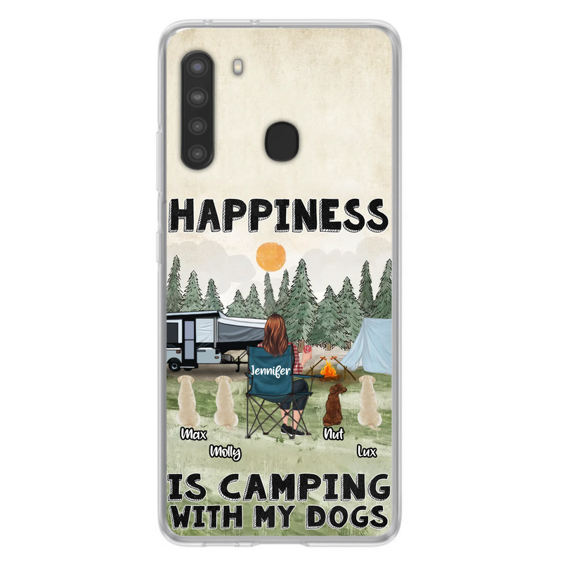 Personalized Camping Phone Case - Gift Idea For Girl & Dogs - Upto 4 Dogs - Happiness Is Camping With My Dogs - Case For iPhone/Samsung