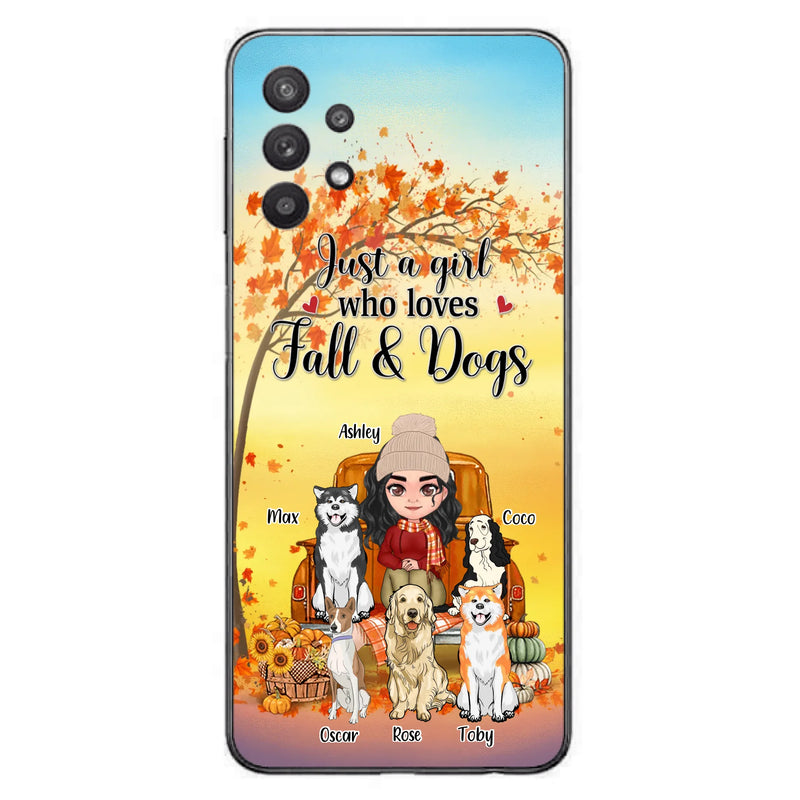 Custom Personalized Dog Mom Fall Season Phone Case - Autumn Gift Idea For Dog Owners - Upto 5 Dogs -  Case For iPhone/Samsung - Just A Girl Who Loves Fall & Dogs