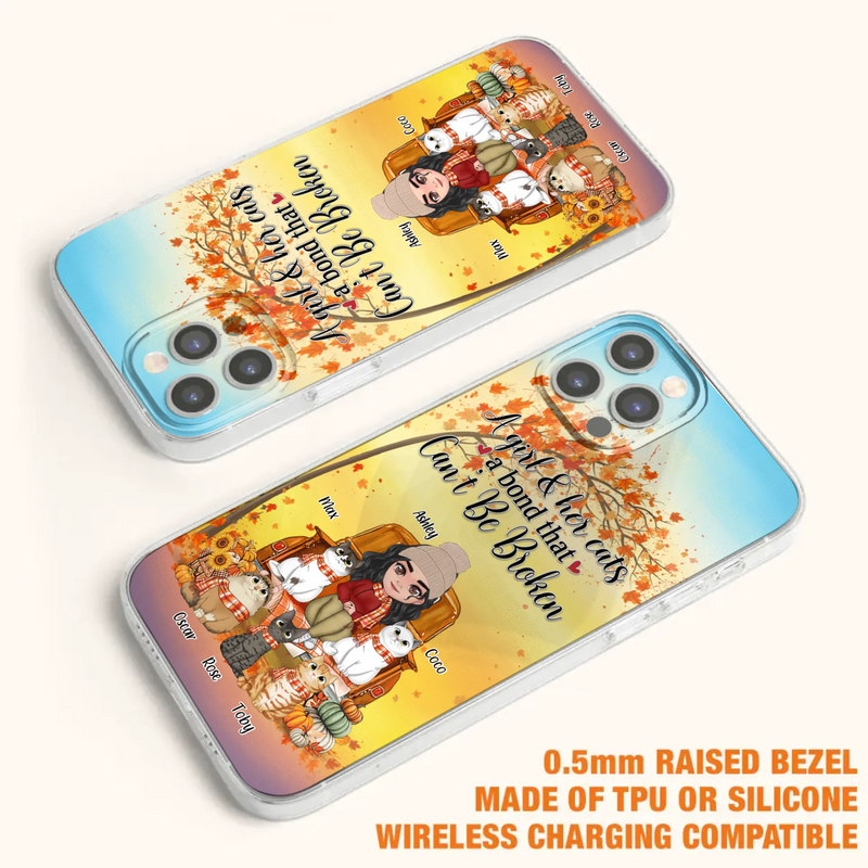 Custom Personalized Cat Mom Fall Season Phone Case - Gift Idea For Cat Owners - Upto 5 Cats -  Case For iPhone/Samsung - A Girl & Her Cats A Bond That Can't Be Broken