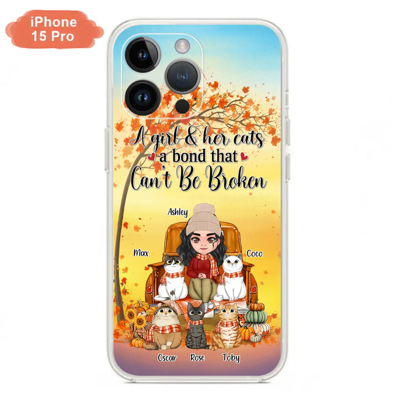 Custom Personalized Cat Mom Fall Season Phone Case - Gift Idea For Cat Owners - Upto 5 Cats -  Case For iPhone/Samsung - A Girl & Her Cats A Bond That Can't Be Broken